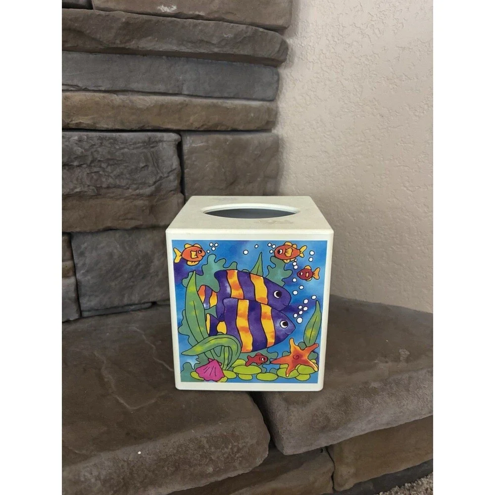 Target Childs White Fish Fun Plastic Tissue Kleenex Box Cover 5.25” Sq At Bottom